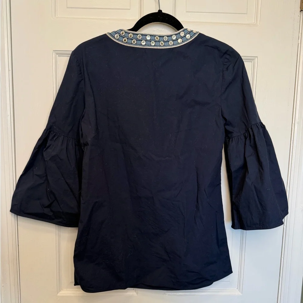 Tory‎ Burch Navy Embellished Tunic Blouse Bell Sleeve Size 4